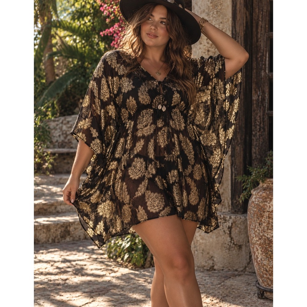 Meghan Fabulous Black Gold Metallic Floral Kaftan Tunic Cowrie Shell Tassels
